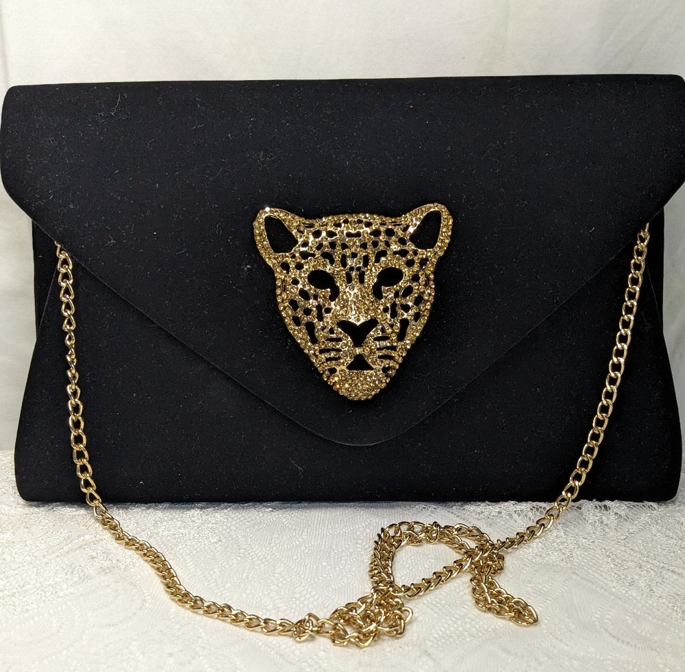 Velvet Envelope Clutch With Gold Cheetah/Leopard Face With Rhinestones, Chain